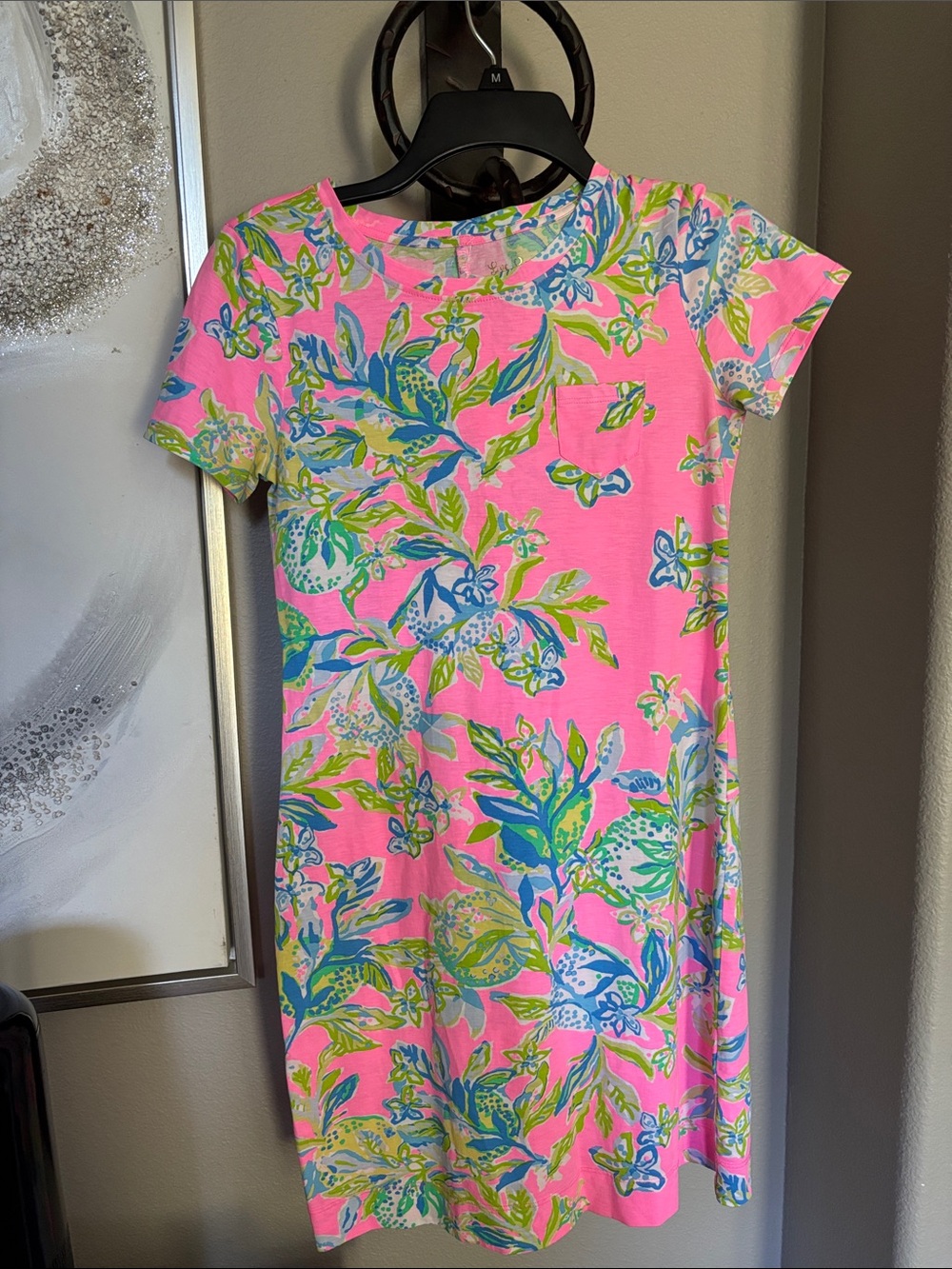 Lily Pulitzer Pink Floral Shift Dress with Blue & Lime Print ptp 16